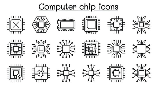 Collection of various computer chip icons displayed in a clean and simple black line style