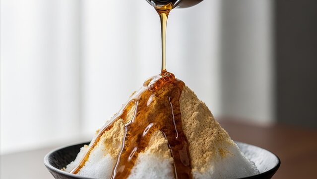 Dessert - Kinako Shaved Ice with Amber Kuromitsu Syrup Pouring Over Mountain Shaped Kakigori in Black Bowl