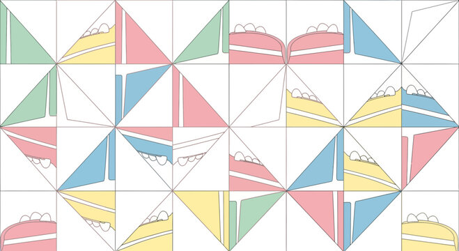 Abstract Geometric Pattern with Pastel Cake Slice Illustrations