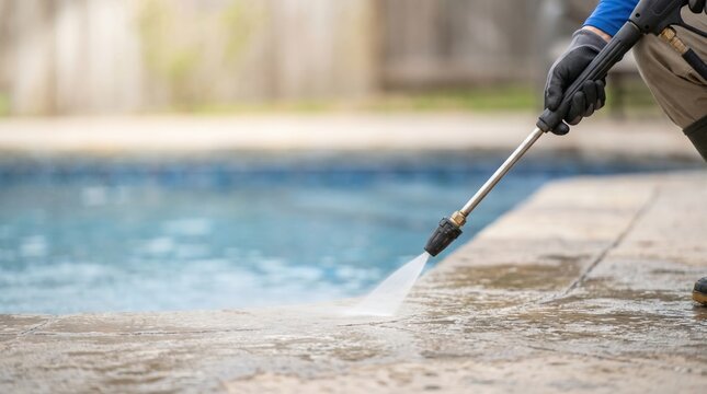 Professional Pressure Washing Pool Deck Cleaning Service by Male Worker in Summer
