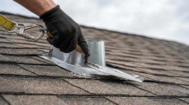Professional Roofer Applying Sealant to Metal Vent Flashing on Asphalt Shingle Roof for Leak Prevention