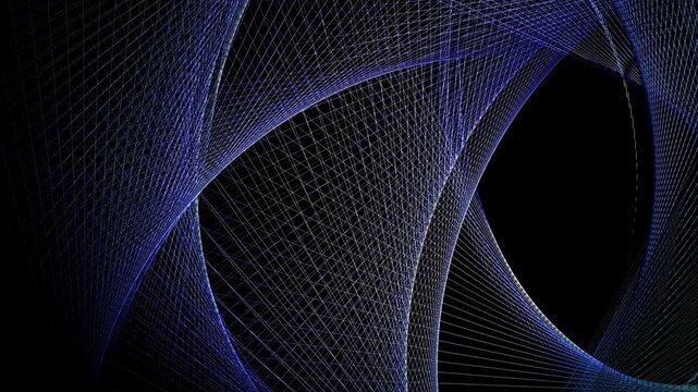 Blue abstract geometric lines crossing to create an overlapping spiral web structure on black.