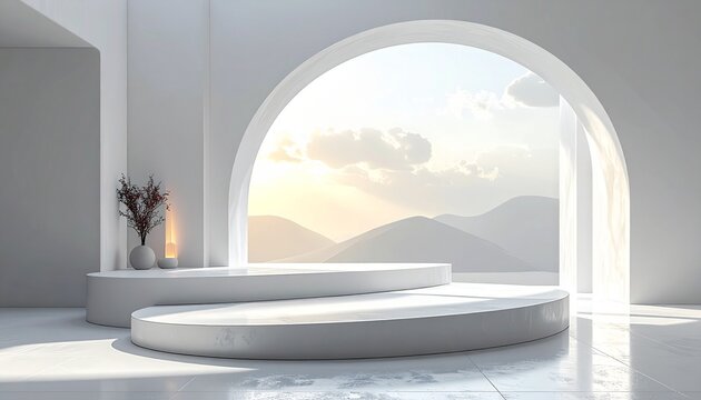 Modern minimalist interior design with white circular platform and mou