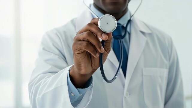 A male doctor's hands as he holds a stethoscope in front of him, assuming a posture for examination.