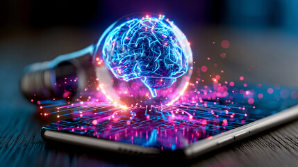 Fototapeta premium Artificial Intelligence Brain Concept: A glowing, intricate illustration of a human brain inside a lightbulb, symbolizing innovation and artificial intelligence.