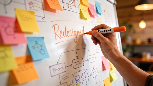 A person redesigns a business plan on a whiteboard with colorful sticky notes.