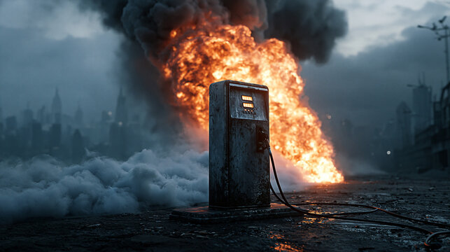 Explosion at the Gas Station: A vintage gas pump erupts in flames and thick smoke, set against a dystopian city skyline, creating a scene of destruction and chaos.