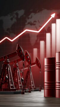Rising Oil Prices: Red oil pumpjacks stand before a backdrop of escalating bar graphs and a global map, symbolizing the increasing cost of crude oil and its impact on the world economy.