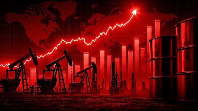 Oil Industry Boom: Oil pump jacks and barrels symbolize a thriving oil industry, with a rising red graph and world map background indicating global economic growth and rising prices.