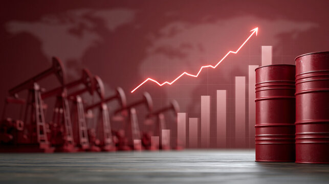 Rising Oil Prices: A stark depiction of escalating oil prices, with oil pumps in the background and a graph showing an upward trend, juxtaposed against red barrels symbolizing commodity value.