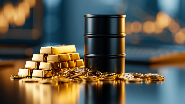 The Value of Gold and Oil: A still life composition featuring a stack of gleaming gold bars, a miniature black oil barrel, and scattered gold coins, representing economic power and commodity trading.