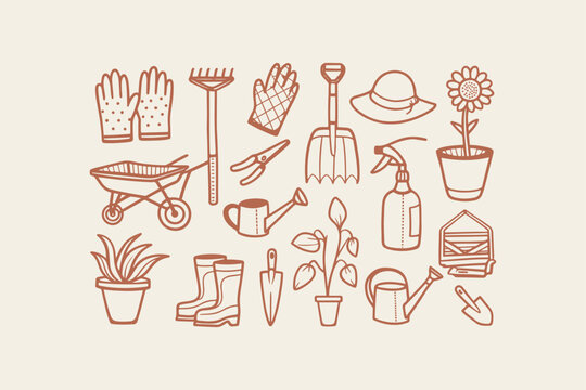 Collection of gardening tools and plants with hand drawn outline style icons for spring landscaping and yard work Vector, illustration