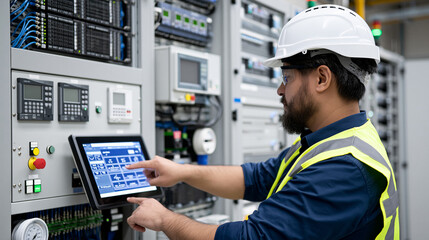 Fototapeta premium Industrial Control Panel Operation: A worker in a hard hat and safety vest operates an industrial control panel, interacting with a touch screen interface to manage complex machinery.
