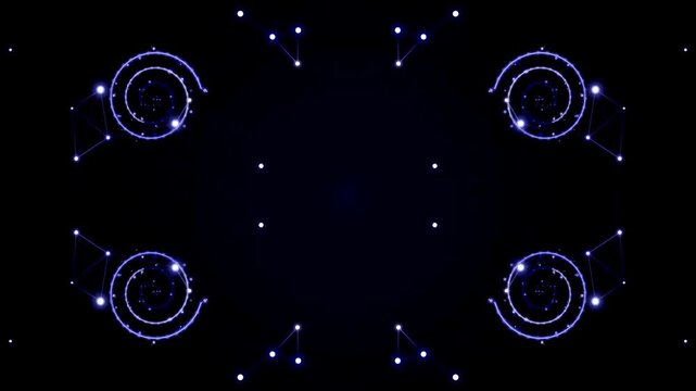 Futuristic interface consisting of symmetrical digital network paths spinning on a dark backdrop.