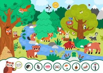 Fototapeta premium Vector searching game with forest landscape. Spot hidden objects. Woodland seek and find printable activity for kids. Wild nature worksheet with animals, trees, bear, fox, stream, owl, squirrel