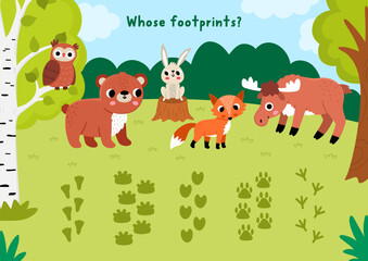 Naklejka premium Forest matching activity with animals, birds and their footprints. Woodland puzzle with bear, elk, fox, hare, owl. Match object game with foot prints. Wildlife printable worksheet with cute landscape