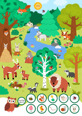 Fototapeta premium Vector searching game with forest landscape. Spot hidden objects. Woodland seek and find printable activity for kids. Wild nature worksheet with animals, trees, deer, lynx, bison, skunk