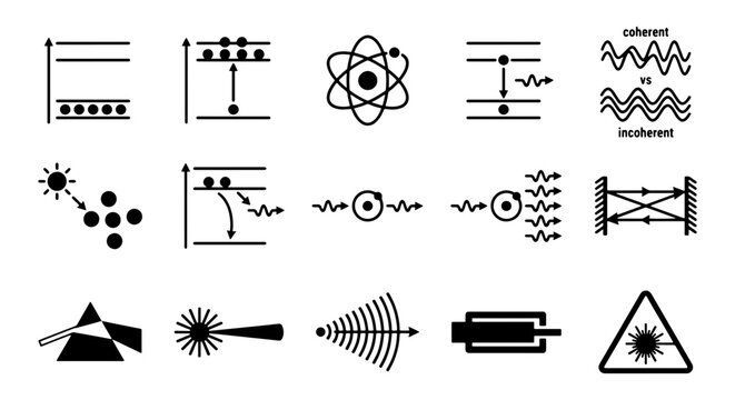 Quantum physics and laser technology icons, 15 black vector symbols of atomic energy levels, light waves and scientific radiation diagrams
