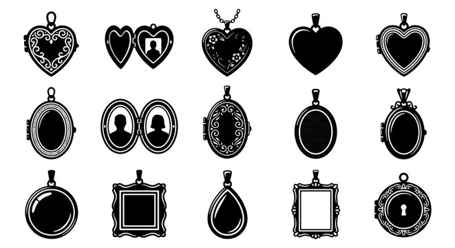 Vintage locket pendant icons set, 15 black silhouette jewelry vectors, antique heart and oval photo frames, romantic keepsake jewelry collection