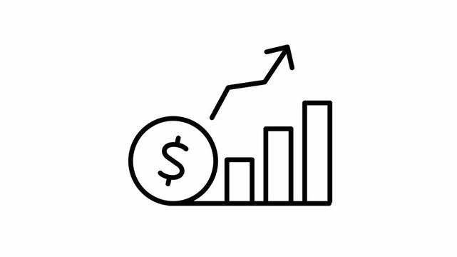Financial growth animation icon with dollar coin and rising bar chart arrow for investment and profit concept