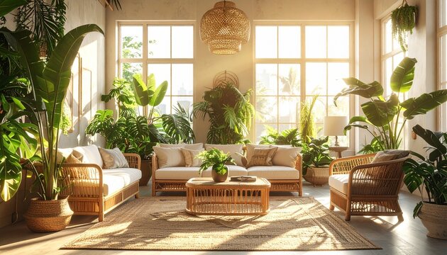 熱帯植物に囲まれた明るいラタン家具のボタニカルリビングルーム