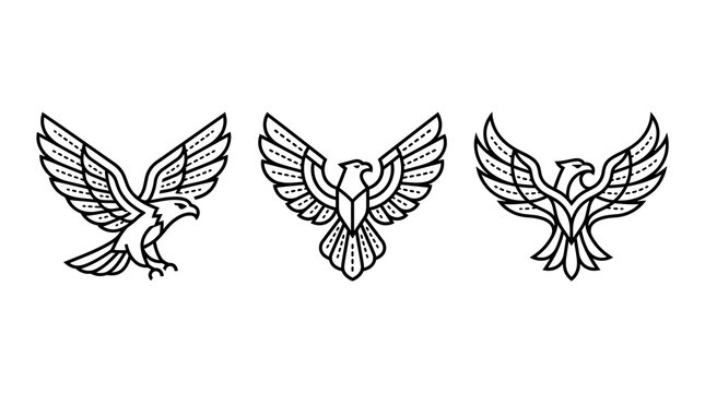 Majestic Eagle Flying Vector Logo Icons Set, Falcon and Hawk Line Art Silhouette Design Templates, Powerful Tribal Bird of Prey Graphic Elements for Corporate Branding