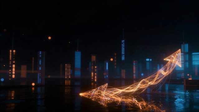 A glowing arrow shoots upward over a futuristic city skyline at night.