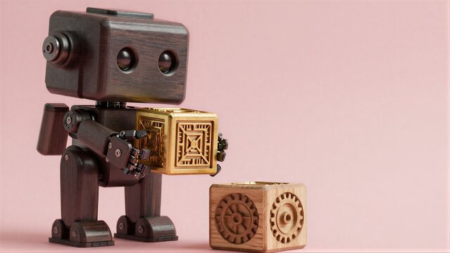 Steampunk robot holds gear cube standing beside another on soft pink