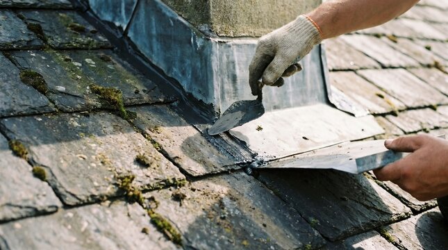 Professional Roofer Repairing Chimney Flashing with Sealant on Slate Roof for Home Maintenance and Waterproofing Project