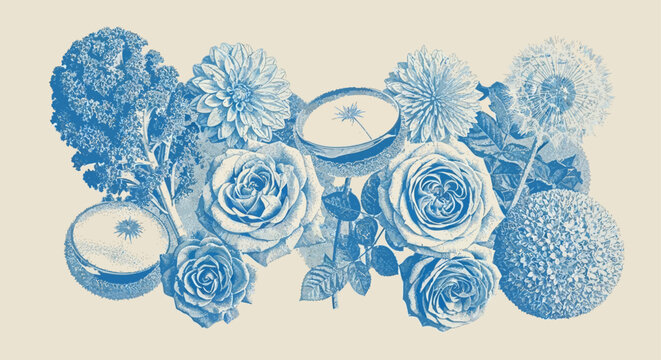 botanical illustration vintage floral blue flowers roses and dahlias kale vegetable composition a natural decorative design for organic themes.