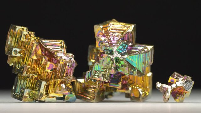 Bismuth crystals. Bismuth - chemical element with symbol Bi and atomic number 83. Post-transition metal and one of pnictogens. Synthesized bismuth crystal. Iridescent coloration is due to oxide film