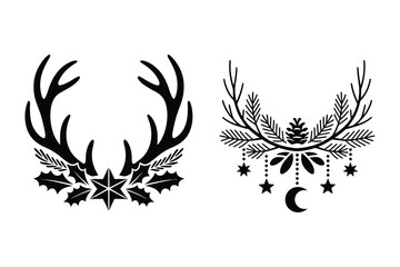 Christmas decoration elements, reindeer antlers and fir branches with stars © Laboni