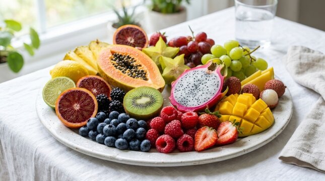 Fresh fruit platter with berries and tropical fruits on white plate outdoors