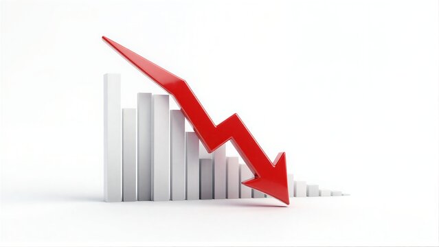 Red arrow points down over gray bars symbolizing decline or decrease.