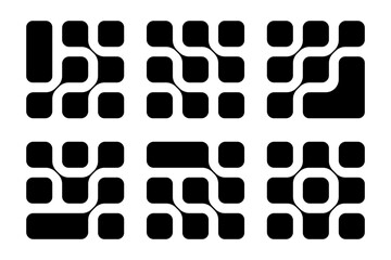Fototapeta premium Set of metaball patterns. Connected black fluid drops isolated on white background. Linked round organic shapes. Neurons, nano molecules or cells modern abstract print. Vector graphic illustration.