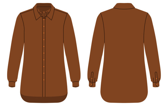 Brown minimal Ascot shirt with clean construction, structured collar and button closure with long sleeves and smooth silhouette. Technical fashion illustration in flat color, front and back views