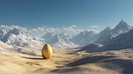 A surreal golden egg standing alone on a vast sandy desert with striking snow-covered mountain ranges under a clear blue sky in the background