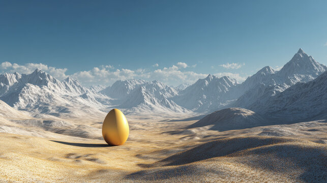 A surreal golden egg standing alone on a vast sandy desert with striking snow-covered mountain ranges under a clear blue sky in the background