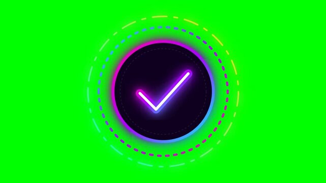Glowing neon check mark icon animation on green screen for verification and success. Vibrant purple and blue light interface element.