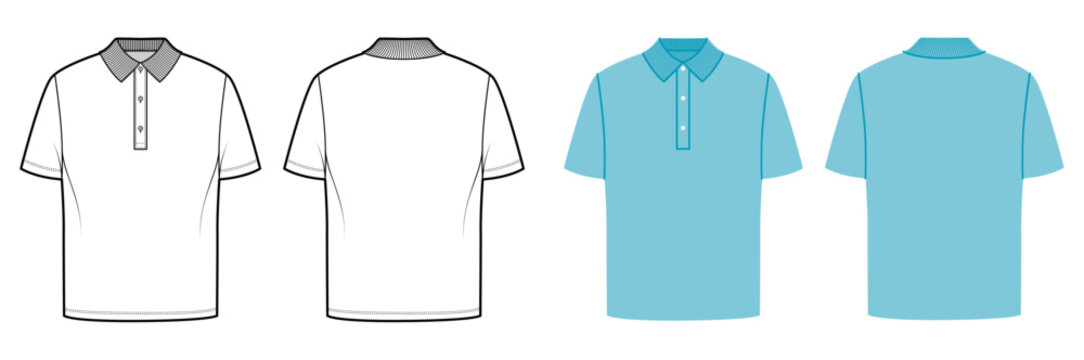 Polo shirt with ribbed collar, button placket and short sleeves with clean sporty silhouette and minimal construction. Technical fashion illustration in black white and color, front back views. Vector