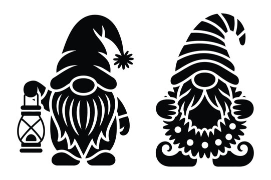 Two garden gnomes or trolls one holding lantern vector silhouettes with figurine