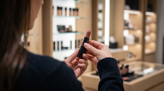 Vue par-dessus l'&eacute;paule d'une cliente m&eacute;connaissable tenant un rouge &agrave; l&egrave;vres sans marque dans un magasin de cosm&eacute;tiques, concept de mockup.