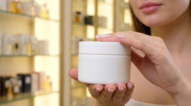 Close-up of an unrecognizable woman holding a blank white cream jar in a cosmetics store, skincare packaging mockup