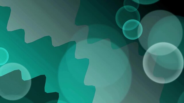 Teal abstract sharp layered patterns shifting shape behind a overlay of translucent circular bokeh light spheres.