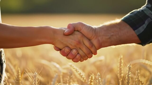 Close up handshake over golden wheat field at sunset