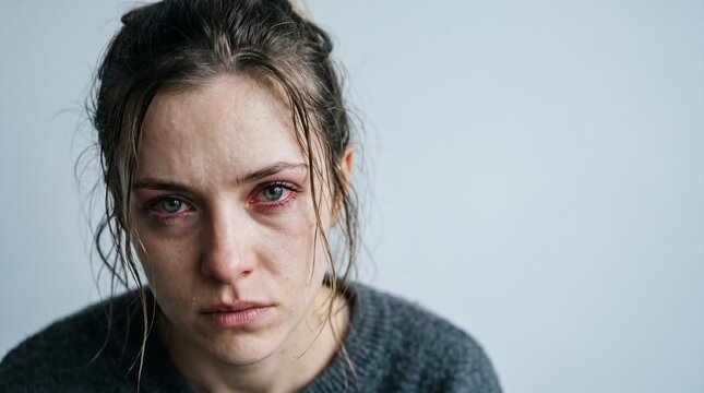 close up of crying young woman face with red bloodshot eyes for depression and mental health concept