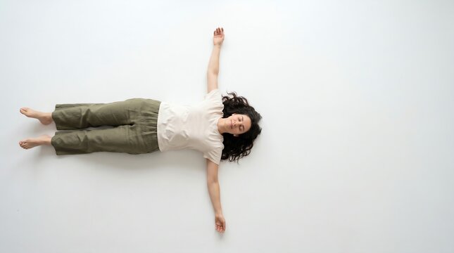 top view of relaxed young woman lying down on floor in corpse pose for yoga and wellness concept