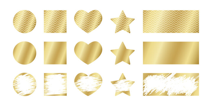 Set of gold scratchcard surfaces with whole and scraped textures. Collection of golden lottery, gift card or sale coupon templates isolated on white background. Vector realistic illustration.