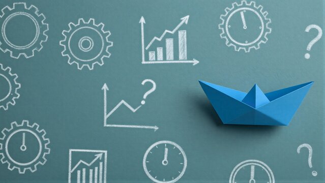 Paper boat navigates through gears charts and questions on a teal