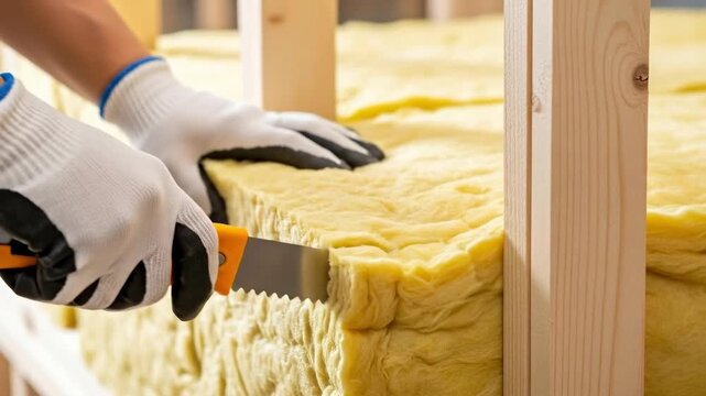 Construction worker cutting yellow fiberglass insulation batts with a serrated knife for home renovation project